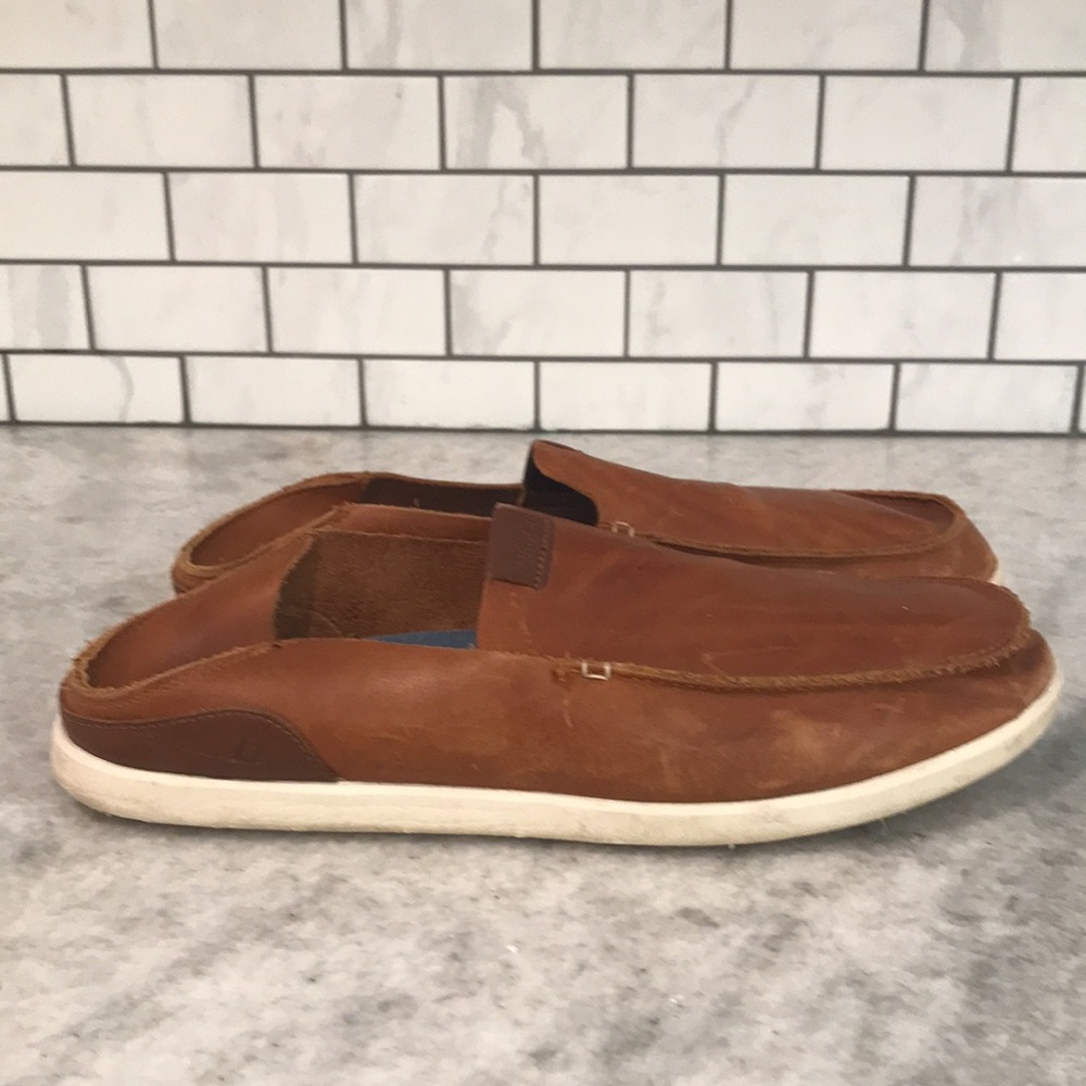 OluKai Tan Leather Slip-On Loafers